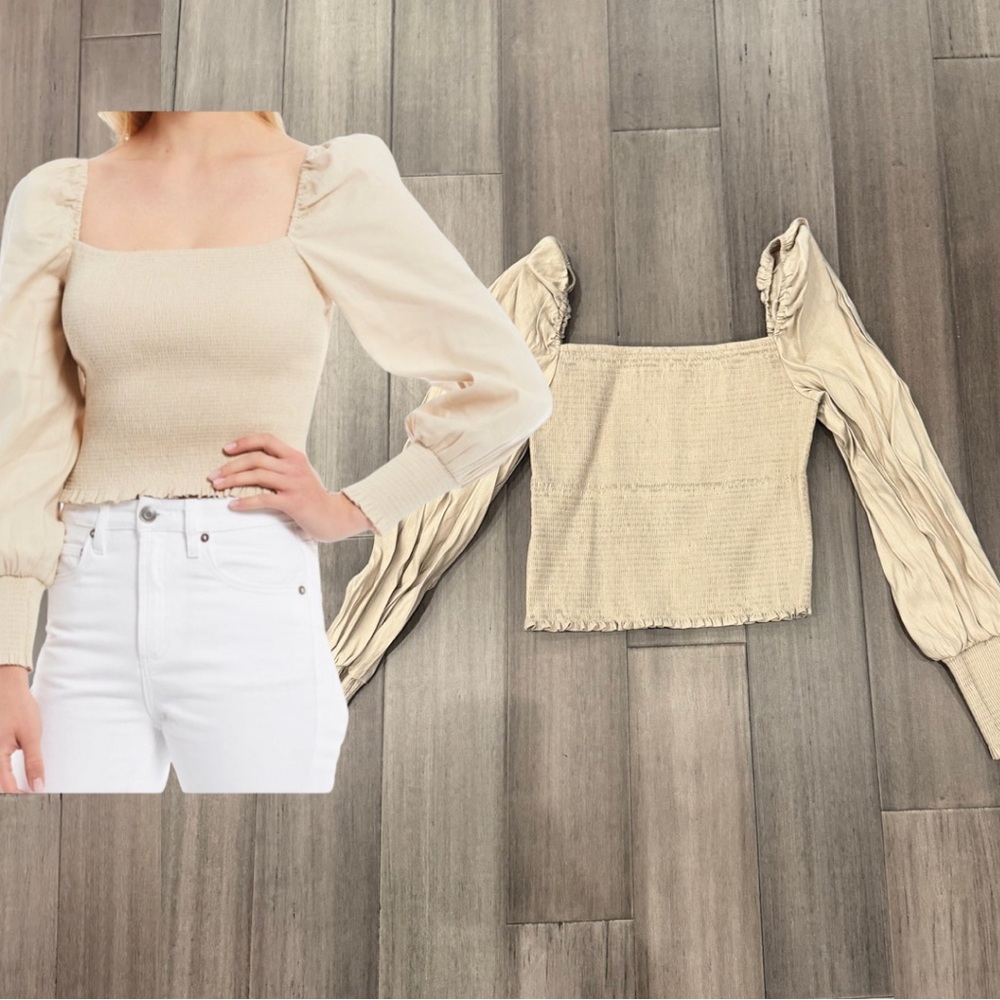 Gianni Bini Beige Square Neck Puff Sleeve Blouse | Size Medium